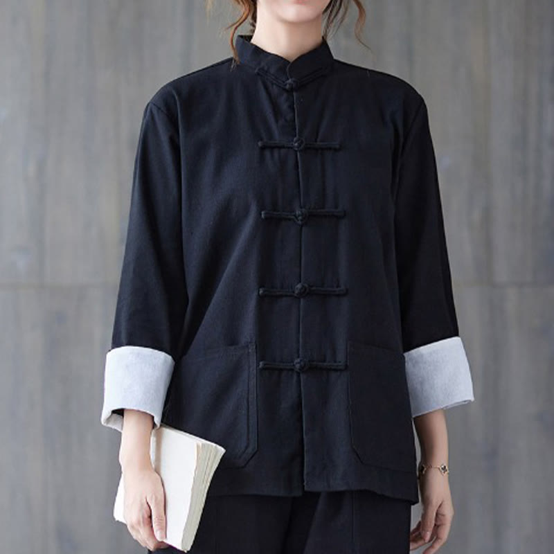 Buddha Stones Women's Frog-Button Long Sleeve Shirt Pants Meditation Cotton Linen Clothing - Black Shirt - US8-10，UK/AU12-14，EU40-42 (2XL) - image 4