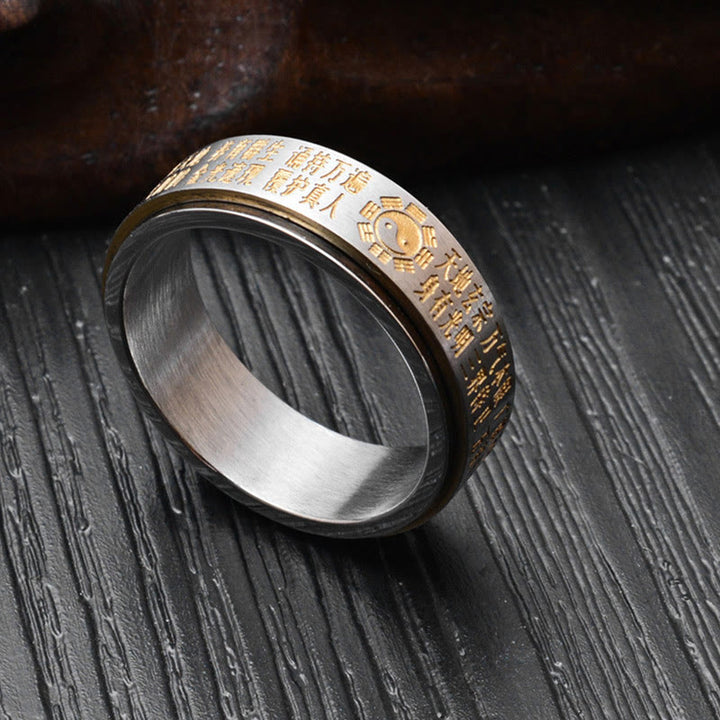 Buddha Stones Bagua Yin Yang Chinese Characters Titanium Steel Balance Rotatable Ring