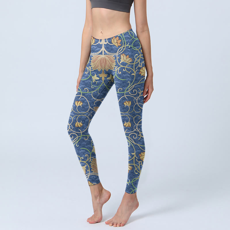 Buddha Stones Lotus Flowers Print Gym Leggings Women's Yoga Pants - SteelBlue - US18，UK/AU22，EU50 (4XL) - image 0