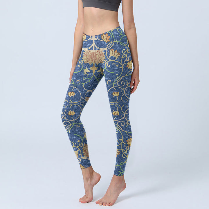 Buddha Stones Lotus Flowers Print Gym Leggings Women's Yoga Pants - SteelBlue - US18，UK/AU22，EU50 (4XL) - image 0