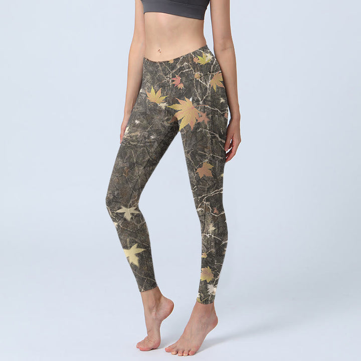 Buddha Stones Maple Leaves Print Gym Leggings Women's Yoga Pants