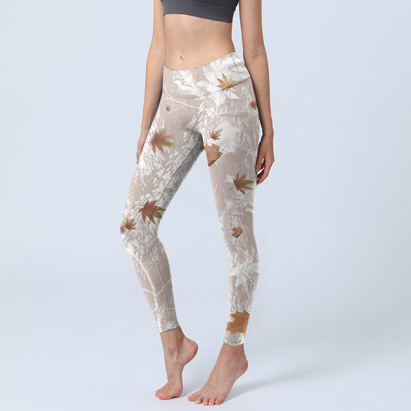 Buddha Stones Maple Leaves Branches Print Gym Leggings Women's Yoga Pants - Wheat - US18，UK/AU22，EU50 (4XL) - image 0