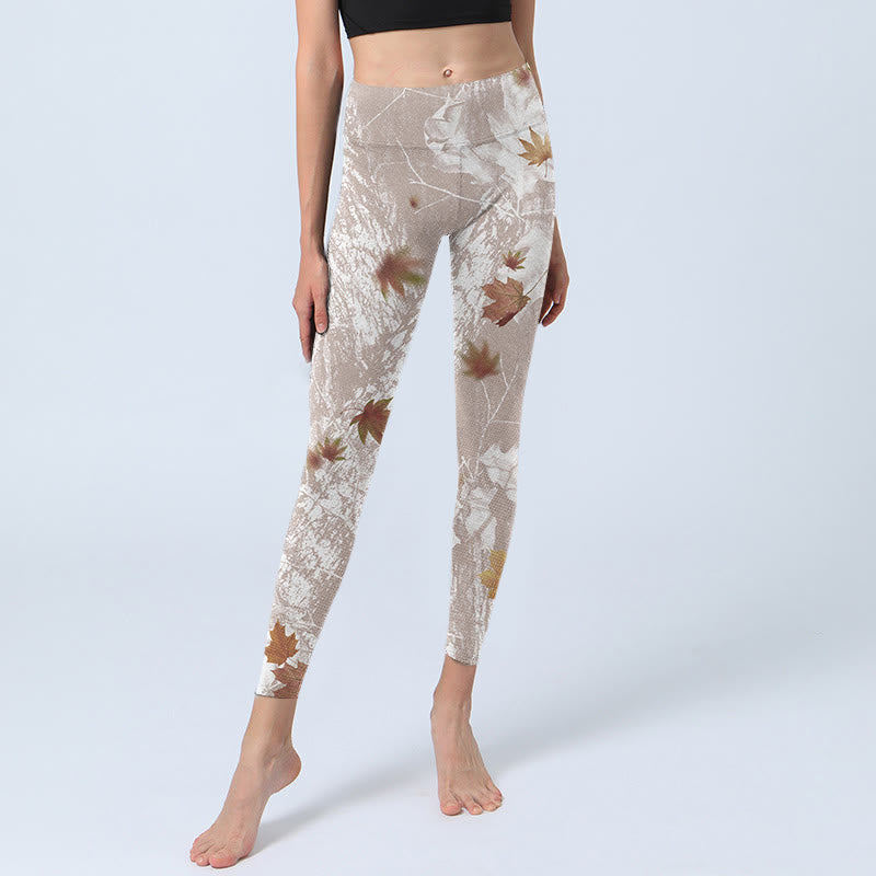 Buddha Stones Maple Leaves Branches Print Gym Leggings Women's Yoga Pants