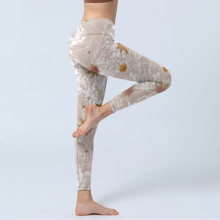 Buddha Stones Maple Leaves Branches Print Gym Leggings Women's Yoga Pants