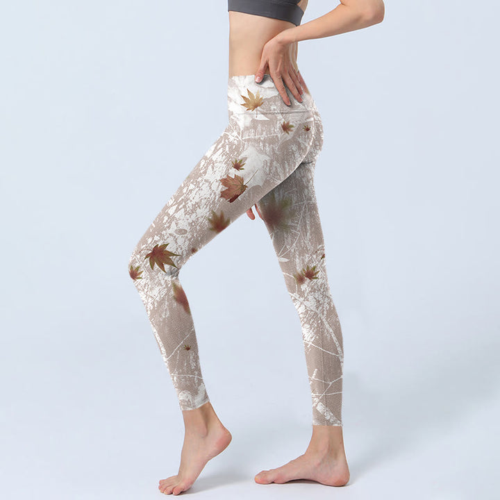 Buddha Stones Maple Leaves Branches Print Gym Leggings Women's Yoga Pants - image 2