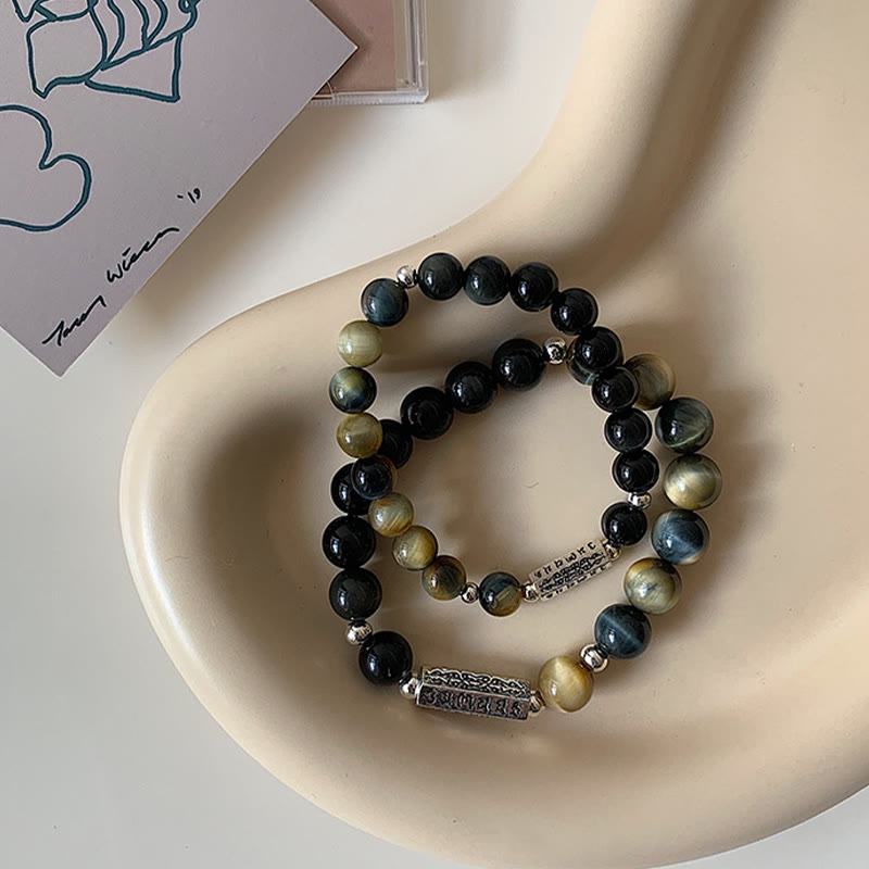 Buddha Stones Natural Black Obsidian Tiger's Eye Six True Words 'om Mani Padme Hum' Strength Love Bracelet