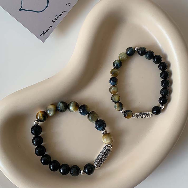 Buddha Stones Natural Black Obsidian Tiger's Eye Six True Words 'om Mani Padme Hum' Strength Love Bracelet