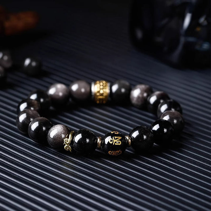 Buddha Stones Natural Silver Sheen Obsidian Tiger's Eye Six True Words 'om Mani Padme Hum'  Strength Bracelet