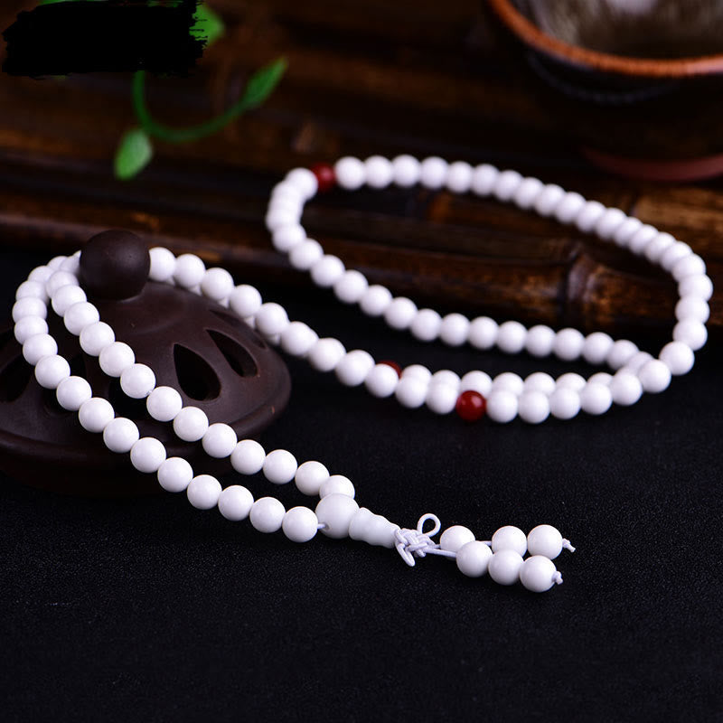 Buddha Stones 108 Mala Beads White Porcelain Six True Words 'Om Mani Padme Hum' Patience Bracelet