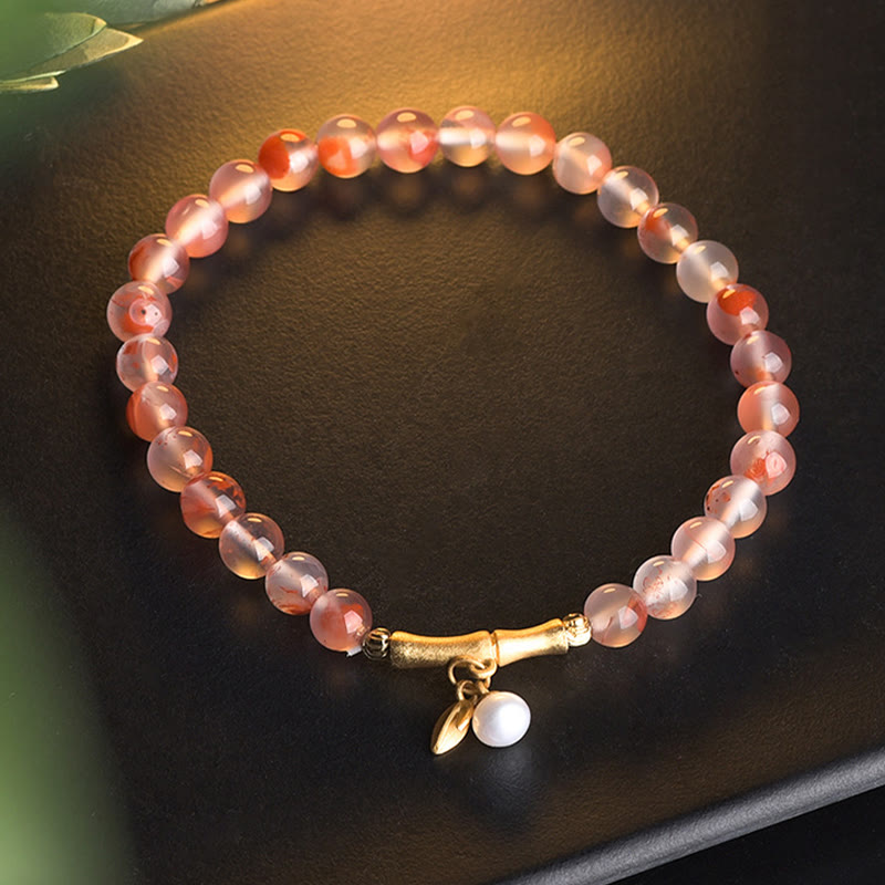 Buddha Stones South Red Agate Aquamarine Pearl Hetian Jade Bamboo Flower Fortune Bracelet