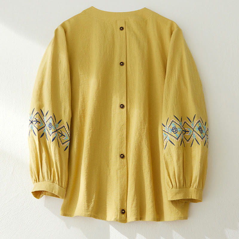 Buddha Stones Geometry Embroidery Long Sleeve Button Cotton Linen Women's Shirts - image 5