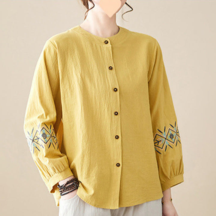 Buddha Stones Geometry Embroidery Long Sleeve Button Cotton Linen Women's Shirts - image 3