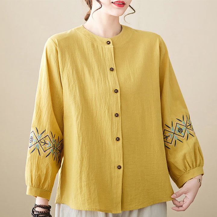 Buddha Stones Geometry Embroidery Long Sleeve Button Cotton Linen Women's Shirts