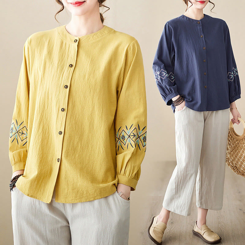 Buddha Stones Geometry Embroidery Long Sleeve Button Cotton Linen Women's Shirts - image 2