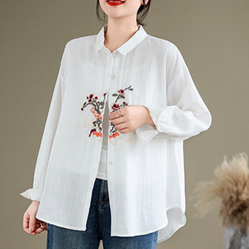 Buddha Stones Flower Embroidery Long Sleeve Cotton Linen Women's Shirts