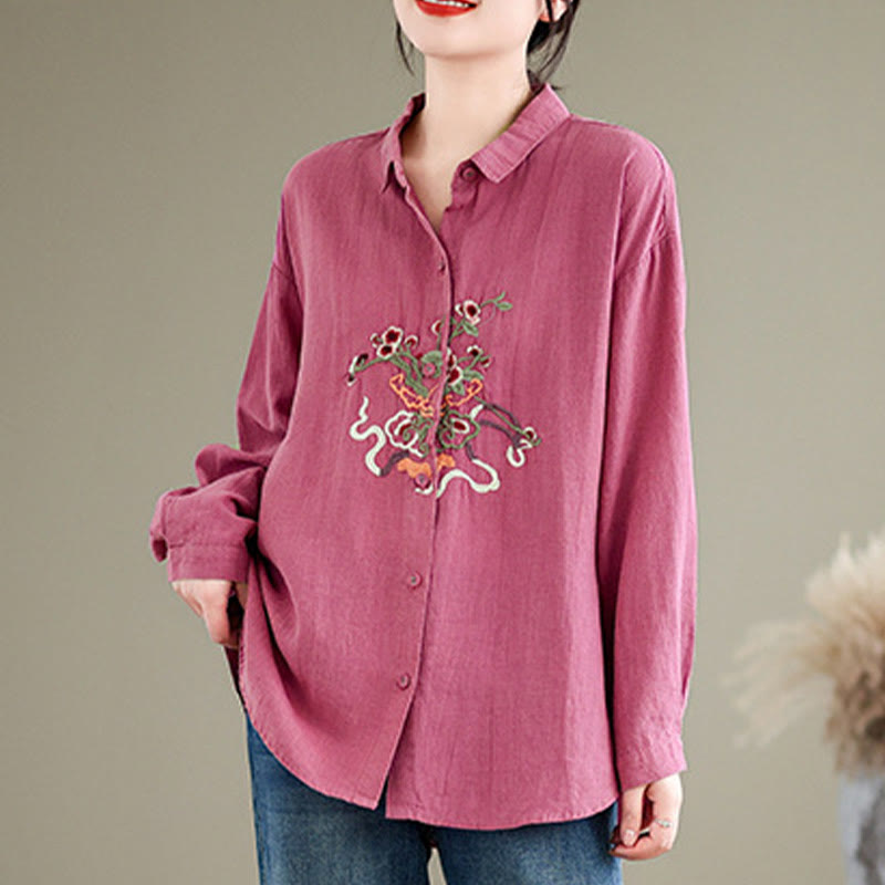 Buddha Stones Flower Embroidery Long Sleeve Cotton Linen Women's Shirts