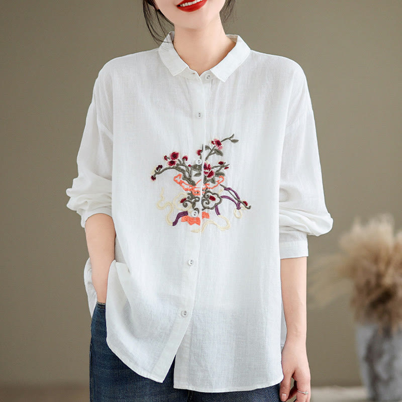 Buddha Stones Flower Embroidery Long Sleeve Cotton Linen Women's Shirts