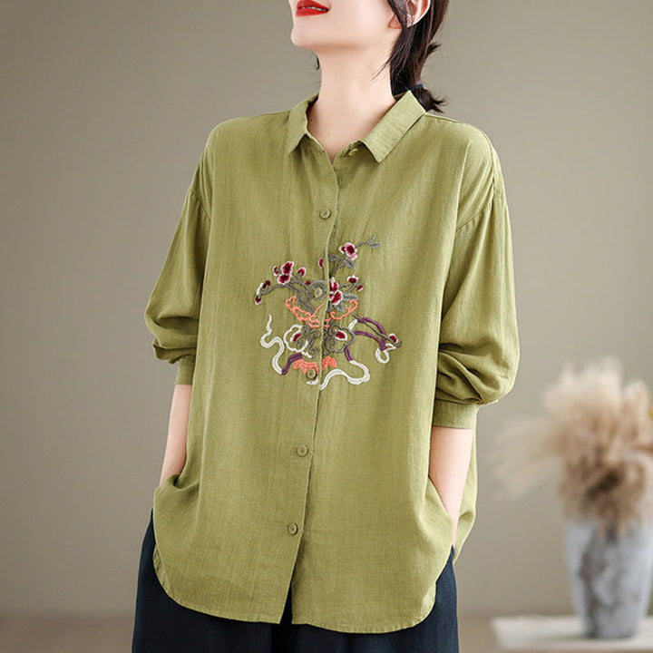 Buddha Stones Flower Embroidery Long Sleeve Cotton Linen Women's Shirts