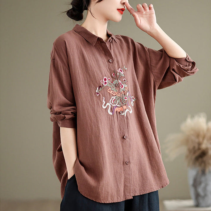 Buddha Stones Flower Embroidery Long Sleeve Cotton Linen Women's Shirts