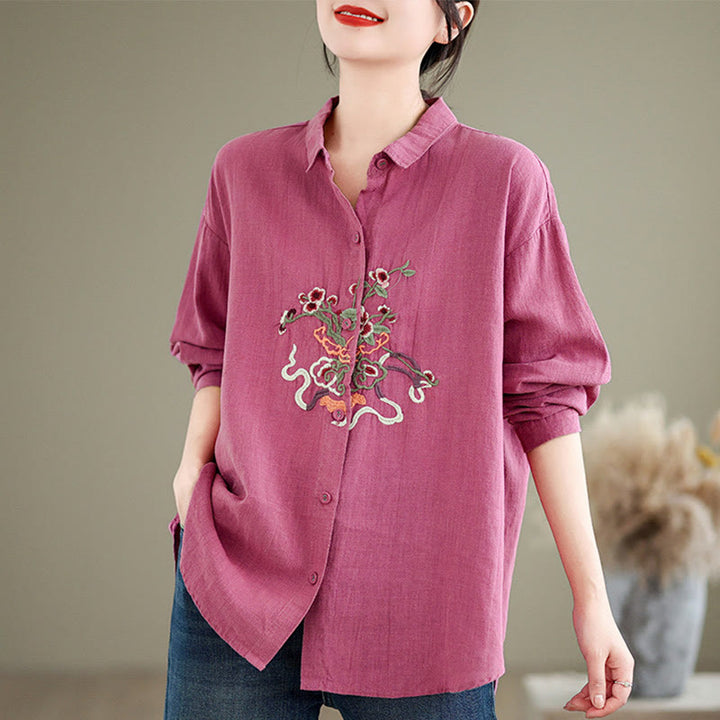 Buddha Stones Flower Embroidery Long Sleeve Cotton Linen Women's Shirts