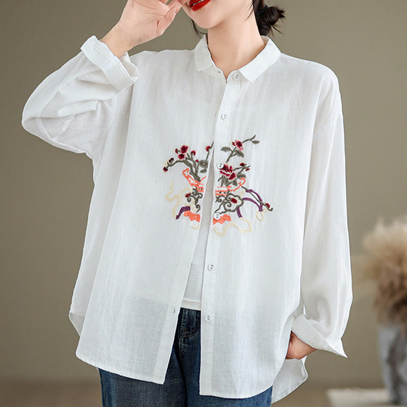 Buddha Stones Flower Embroidery Long Sleeve Cotton Linen Women's Shirts