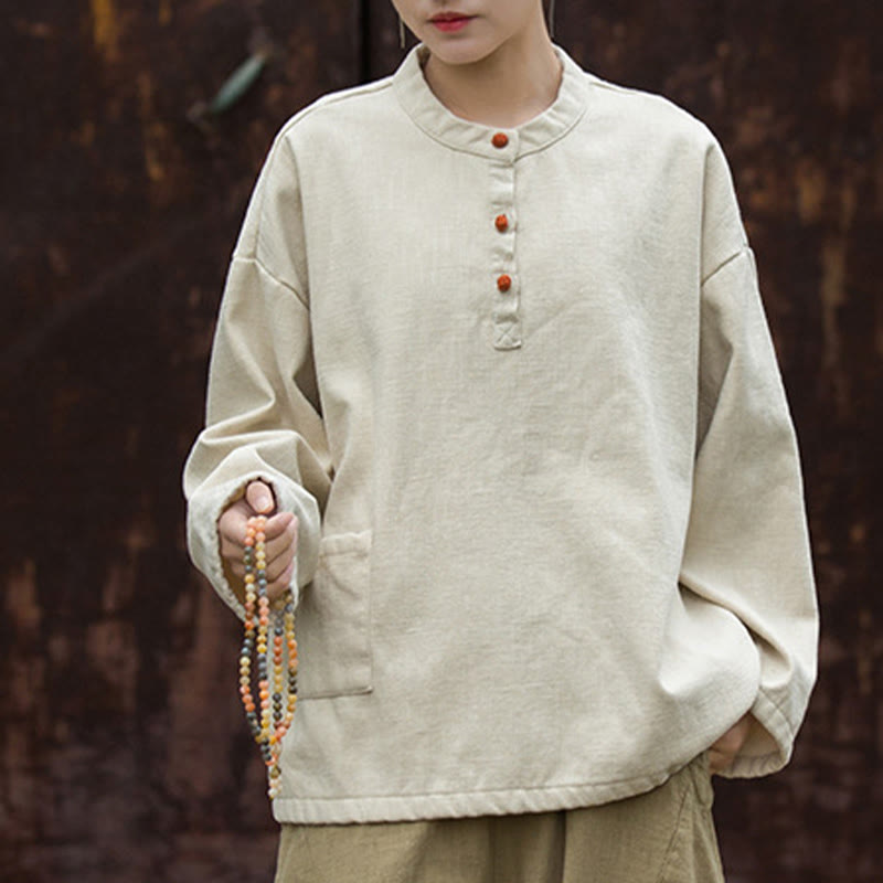 Buddha Stones Retro Solid Color Thermal Long Sleeve Ramie Linen Women's Shirt - image 1