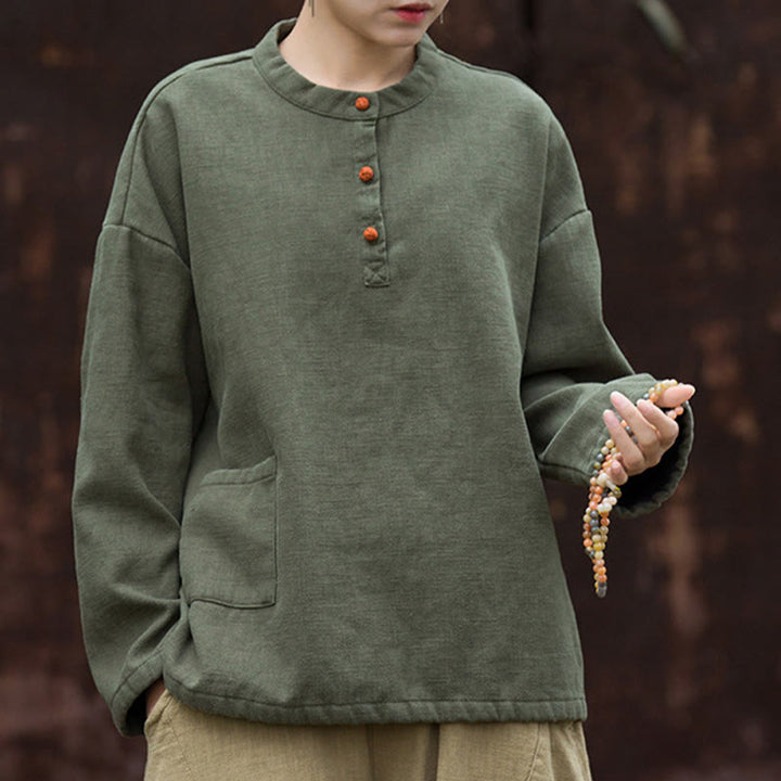 Buddha Stones Retro Solid Color Thermal Long Sleeve Ramie Linen Women's Shirt - image 11