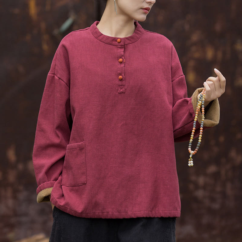 Buddha Stones Retro Solid Color Thermal Long Sleeve Ramie Linen Women's Shirt - image 21