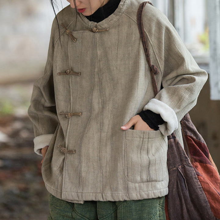 Buddha Stones Solid Color Frog-button Thermal Long Sleeve Ramie Linen Women's Shirt - image 1