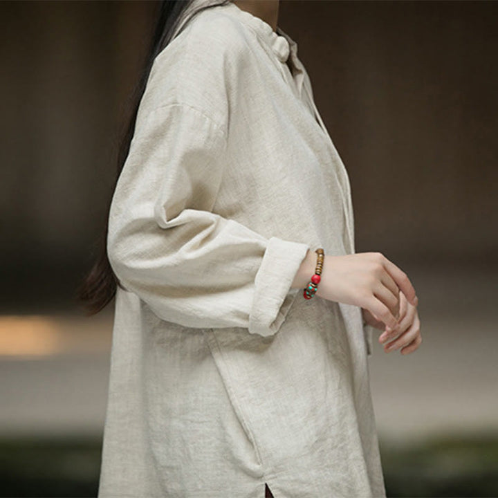 Buddha Stones Retro Solid Color Long Sleeve Ramie Linen Women's Shirt - image 13