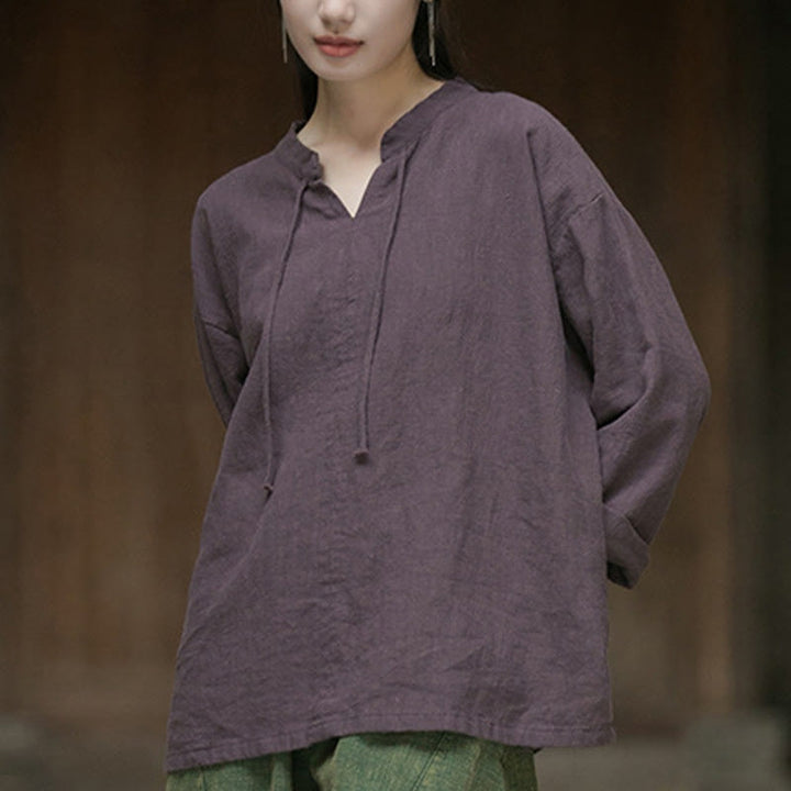 Buddha Stones Retro Solid Color Long Sleeve Ramie Linen Women's Shirt