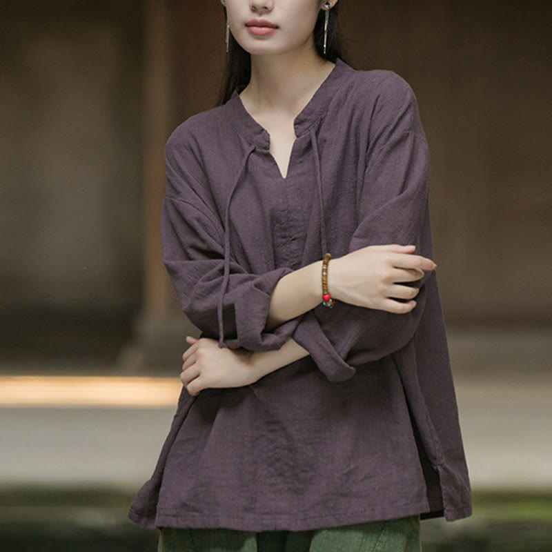 Buddha Stones Retro Solid Color Long Sleeve Ramie Linen Women's Shirt