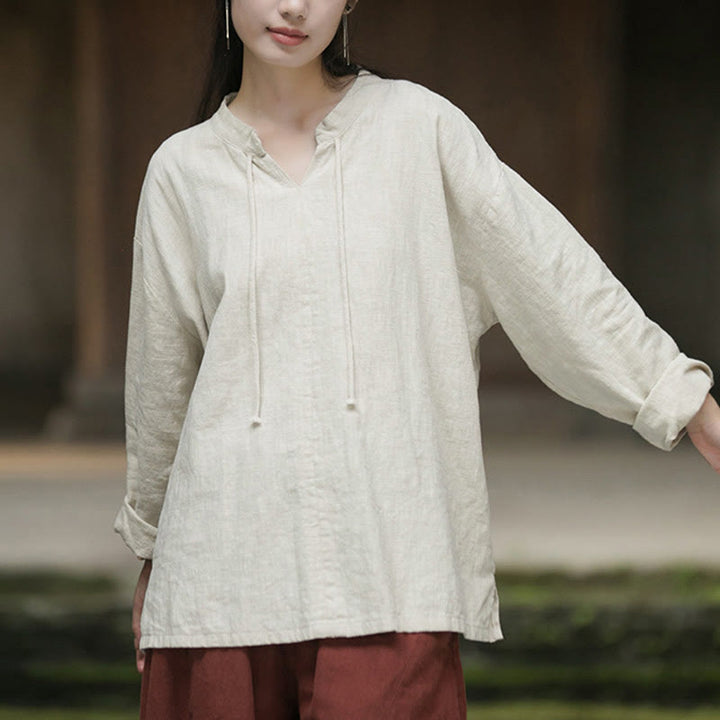 Buddha Stones Retro Solid Color Long Sleeve Ramie Linen Women's Shirt