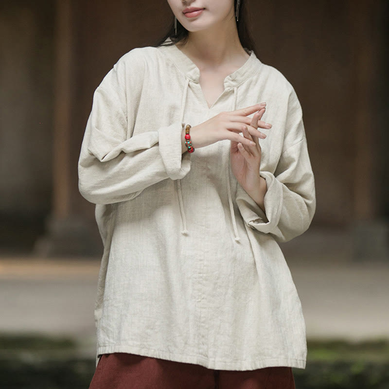 Buddha Stones Retro Solid Color Long Sleeve Ramie Linen Women's Shirt