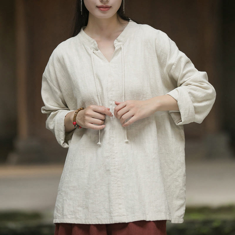 Buddha Stones Retro Solid Color Long Sleeve Ramie Linen Women's Shirt