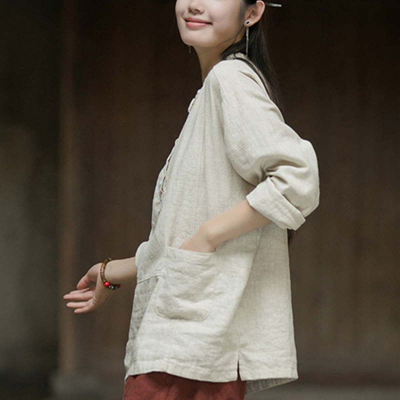 Buddha Stones Solid Color Long Sleeve Ramie Linen Half Button Women's Shirt