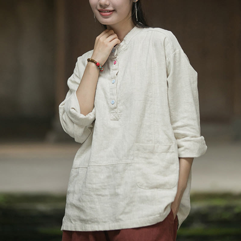 Buddha Stones Solid Color Long Sleeve Ramie Linen Half Button Women's Shirt