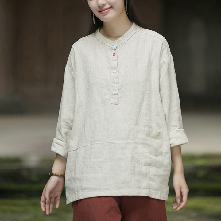 Buddha Stones Solid Color Long Sleeve Ramie Linen Half Button Women's Shirt