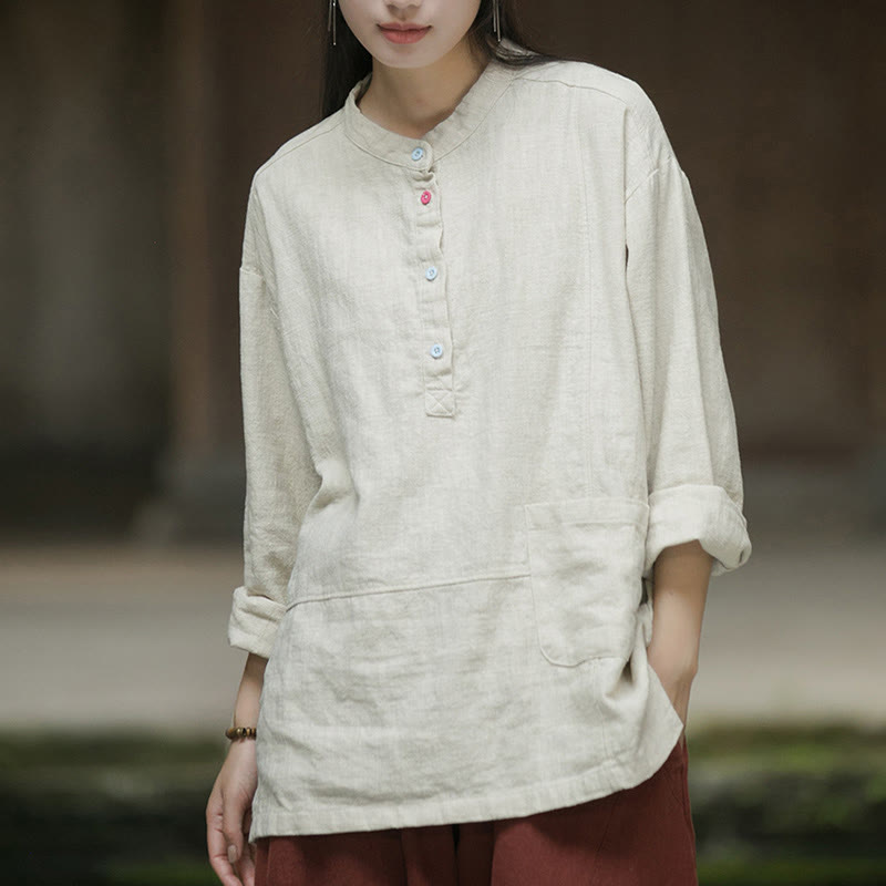 Buddha Stones Solid Color Long Sleeve Ramie Linen Half Button Women's Shirt