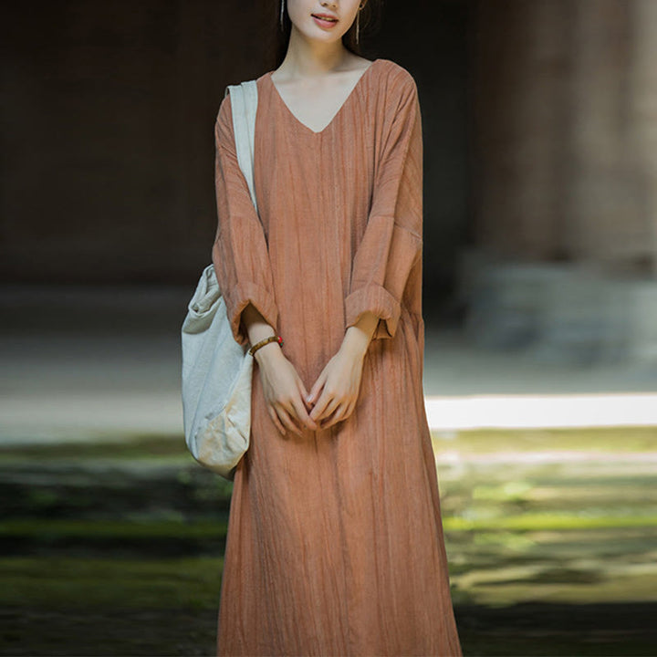 Buddha Stones Solid Color Chinese V-neck Long Sleeve Ramie Linen Midi Dress