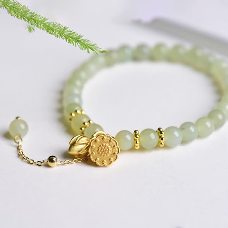 Buddha Stones Natural Hetian Jade Lotus Luck Bracelet