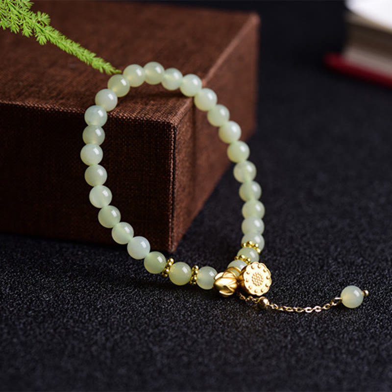 Buddha Stones Natural Hetian Jade Lotus Luck Bracelet