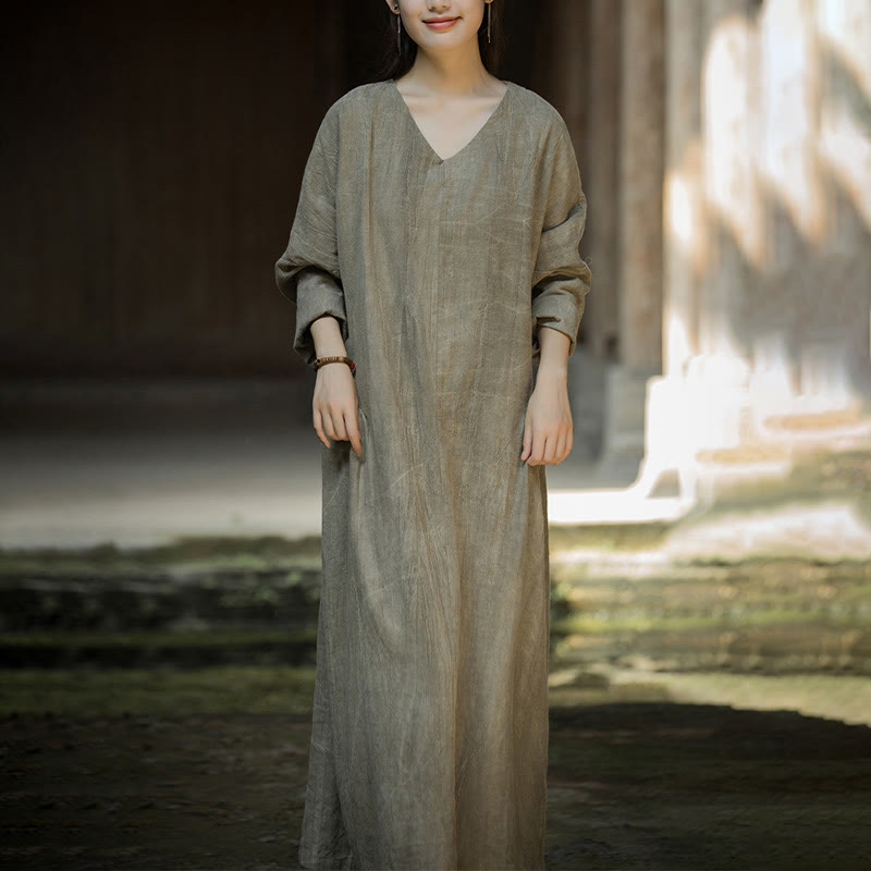 Buddha Stones Solid Color Chinese V-neck Long Sleeve Ramie Linen Midi Dress - DarkKhaki - US4-8/10，UK/AU8-12/14，EU36-40/42 (F) - image 13