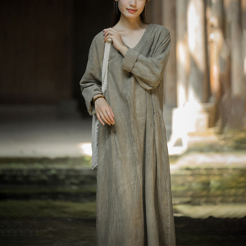Buddha Stones Solid Color Chinese V-neck Long Sleeve Ramie Linen Midi Dress - image 18