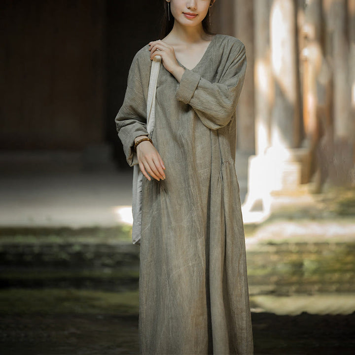 Buddha Stones Solid Color Chinese V-neck Long Sleeve Ramie Linen Midi Dress - image 18