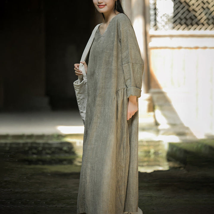 Buddha Stones Solid Color Chinese V-neck Long Sleeve Ramie Linen Midi Dress