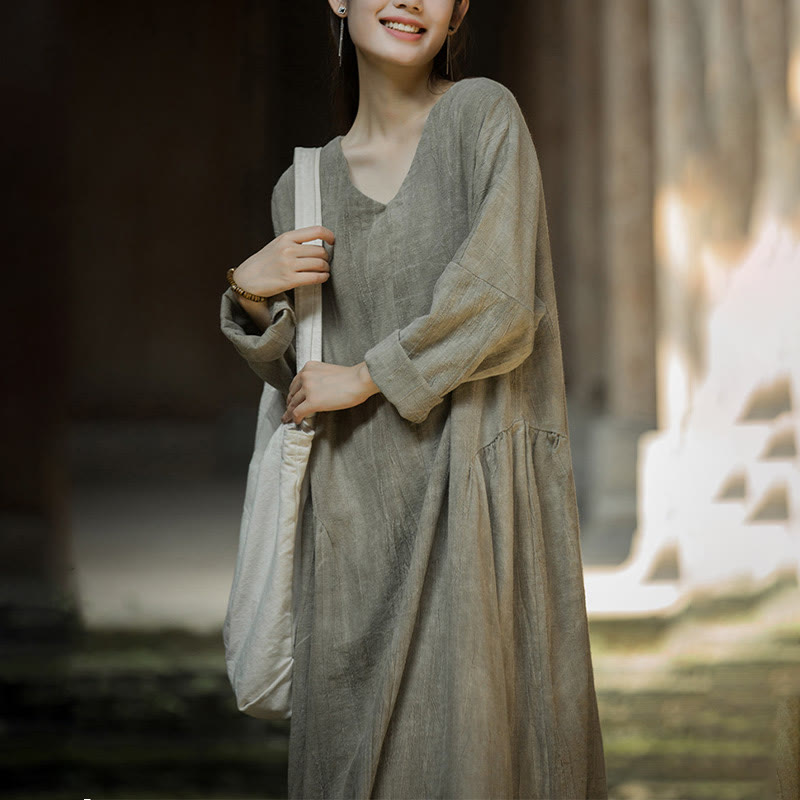 Buddha Stones Solid Color Chinese V-neck Long Sleeve Ramie Linen Midi Dress - image 20