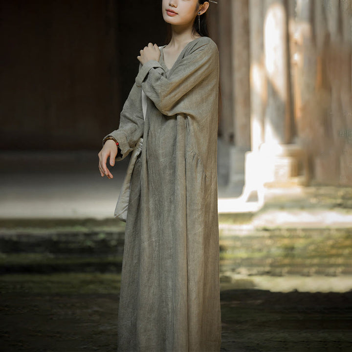 Buddha Stones Solid Color Chinese V-neck Long Sleeve Ramie Linen Midi Dress - image 16