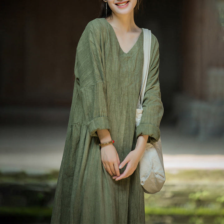 Buddha Stones Solid Color Chinese V-neck Long Sleeve Ramie Linen Midi Dress - image 8