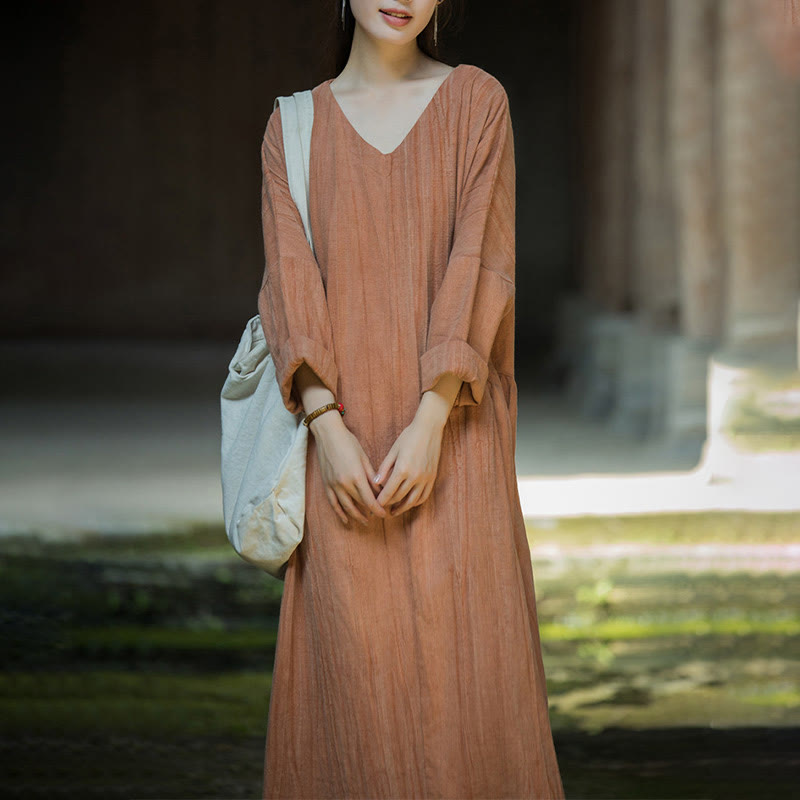 Buddha Stones Solid Color Chinese V-neck Long Sleeve Ramie Linen Midi Dress